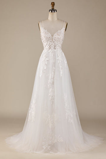 Ivory A-Line Tylle Criss-Cross stropper Tilbake brudekjole